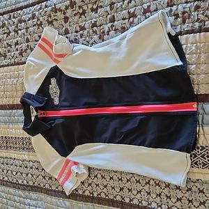 Harley Davidson zip front top, black, pink and white with logo on the back.